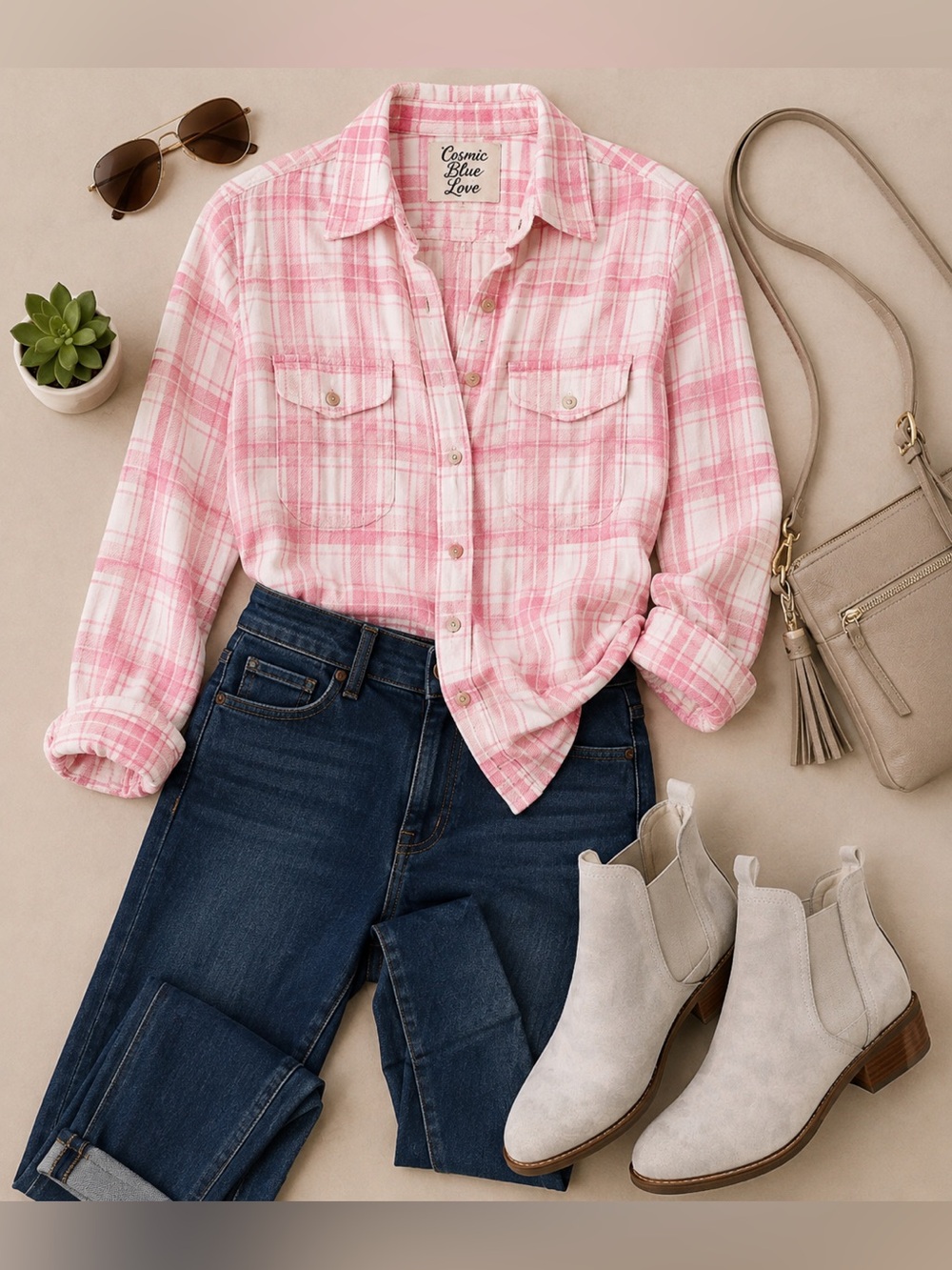 Cosmic Blue Love Pink Plaid Long Sleeve Shirt